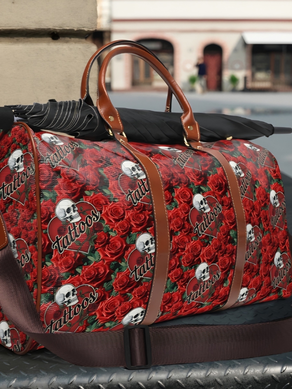 Tattoos & Roses Luv Waterproof Tote, Leather Trim, Detatchable Strap